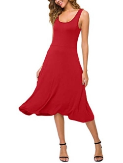 Women's U-Neck Sleeveless Flared Midi Dress Summer Swing T-Shirt Dresses