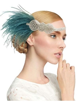 Z&X 1920s Feather Flapper Headband Inspired Leaf Crystal Pearl Headpiece 20's Roaring Hair Accessories for Women