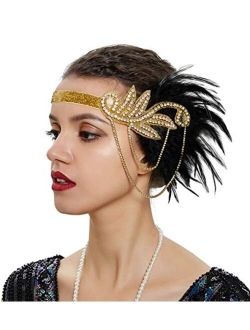 Z&X 1920s Feather Flapper Headband Inspired Leaf Crystal Pearl Headpiece 20's Roaring Hair Accessories for Women