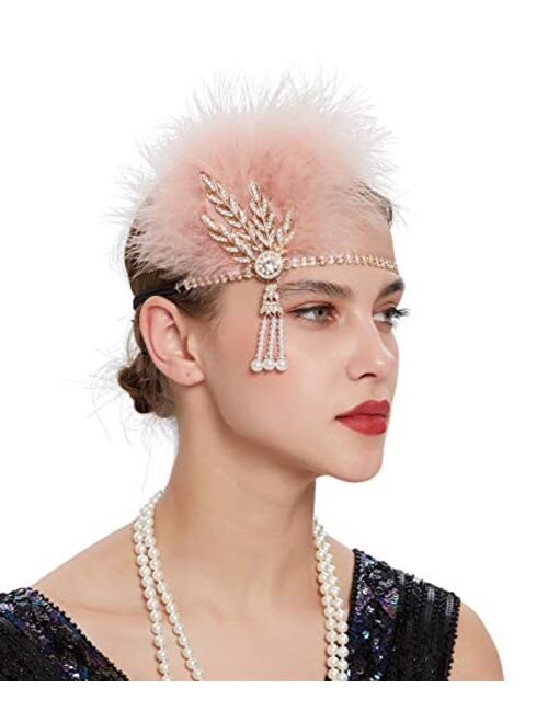 Z&X 1920s Feather Flapper Headband Inspired Leaf Crystal Pearl Headpiece 20's Roaring Hair Accessories for Women