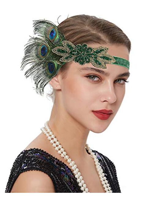 Z&X 1920s Feather Flapper Headband Inspired Leaf Crystal Pearl Headpiece 20's Roaring Hair Accessories for Women