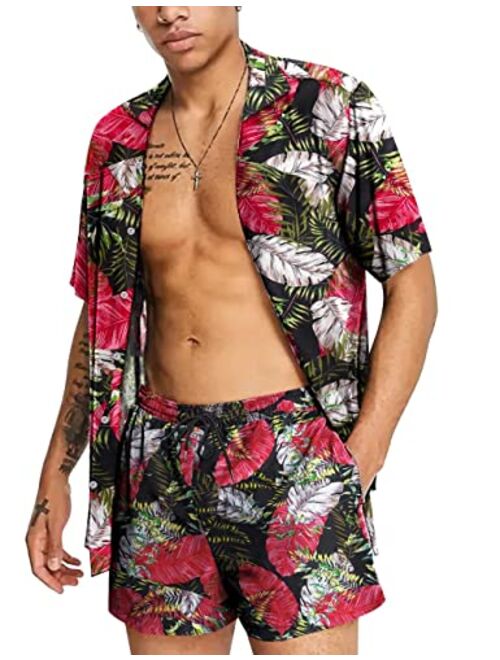 Conmite Men's Hawaiian Shirts Sets Short Sleeve Casual Button Down Beach Flower Shirt and Shorts Suits