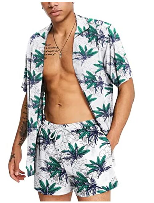 Conmite Men's Hawaiian Shirts Sets Short Sleeve Casual Button Down Beach Flower Shirt and Shorts Suits