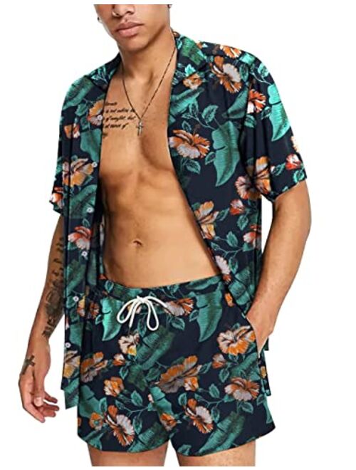 Conmite Men's Hawaiian Shirts Sets Short Sleeve Casual Button Down Beach Flower Shirt and Shorts Suits