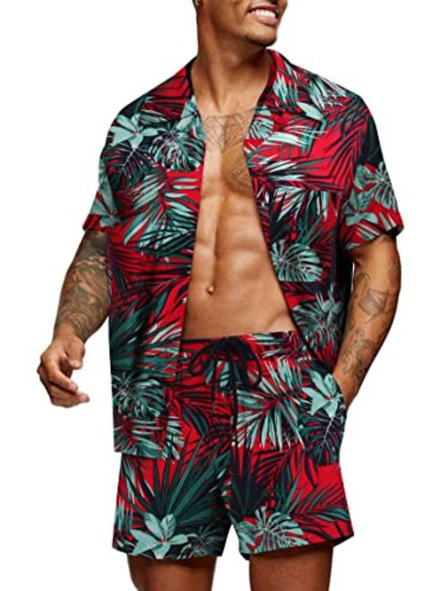 COOFANDY Mens Hawaiian Shirt Sets Floral Short Sleeve Button Down Shirt Suit