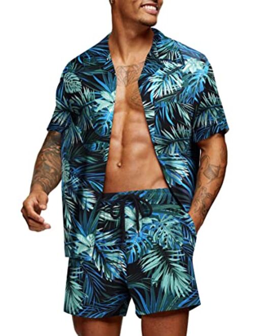 COOFANDY Mens Hawaiian Shirt Sets Floral Short Sleeve Button Down Shirt Suit