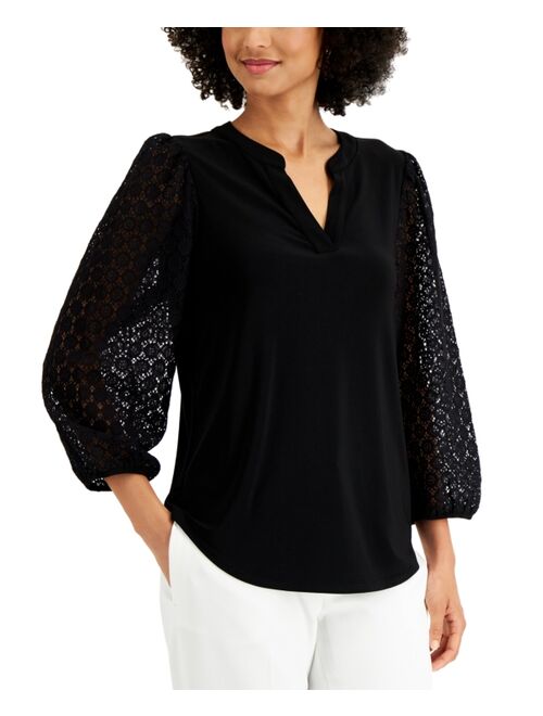 Kasper Lace-Sleeve Split-Neck Top