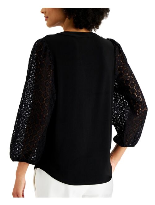 Kasper Lace-Sleeve Split-Neck Top