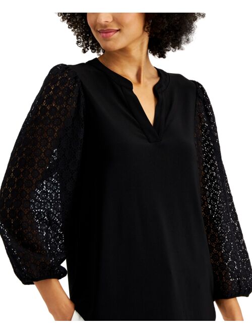 Kasper Lace-Sleeve Split-Neck Top