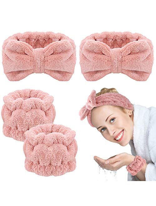 Chuangdi 4 Pieces Spa Headband Wrist Washband Scrunchies Cuffs for Washing Face, Towel Wristbands Hair Headband Face Wash Wristband for Women Girls Makeup Prevent Liquids