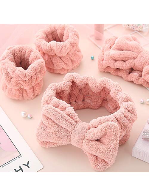 Chuangdi 4 Pieces Spa Headband Wrist Washband Scrunchies Cuffs for Washing Face, Towel Wristbands Hair Headband Face Wash Wristband for Women Girls Makeup Prevent Liquids