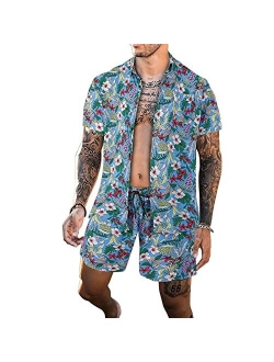 Aifiwu Men's Hawaiian Shirts Short 2 Piece Flower Shirt Button-Down Short Sleeve Fit Summer Vacation, Beach