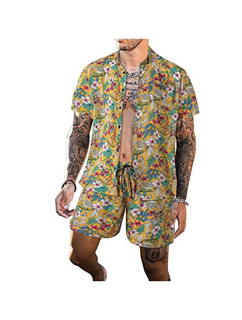 Aifiwu Men's Hawaiian Shirts Short 2 Piece Flower Shirt Button-Down Short Sleeve Fit Summer Vacation, Beach