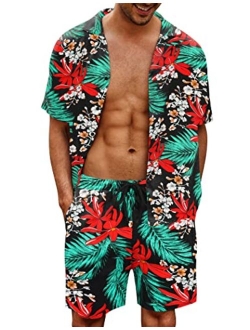 Babioboa Men's 2 Piece Hawaiian Shirt Sets Flower Print Suits Casual Short Sleeve Shirts Summer Vacation Sets