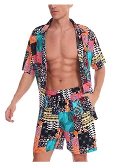 We1Fit Men's Hawaiian Shirts Flower Shirt Sets Button Down Short Sleeve Shirt Beach Suits Tropical Summer