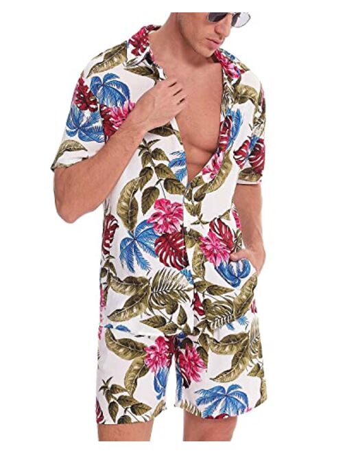 We1Fit Men's Hawaiian Shirts Flower Shirt Sets Button Down Short Sleeve Shirt Beach Suits Tropical Summer