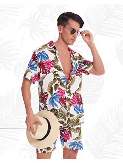 We1Fit Men's Hawaiian Shirts Flower Shirt Sets Button Down Short Sleeve Shirt Beach Suits Tropical Summer