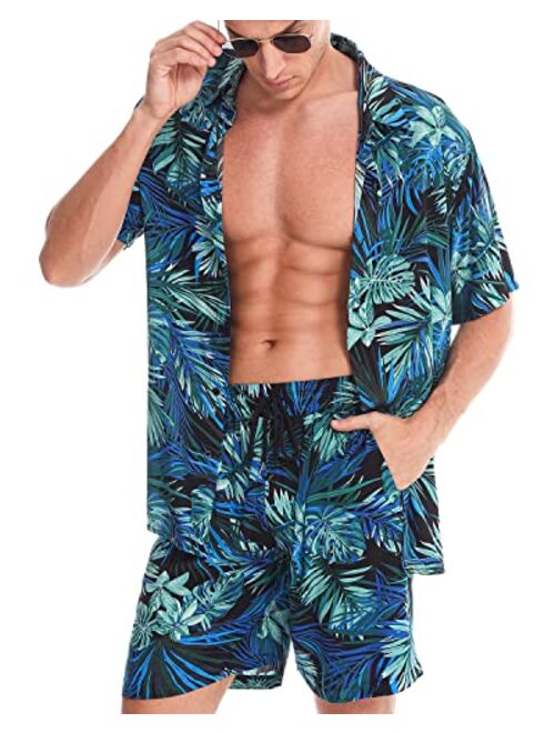 We1Fit Men's Hawaiian Shirts Flower Shirt Sets Button Down Short Sleeve Shirt Beach Suits Tropical Summer