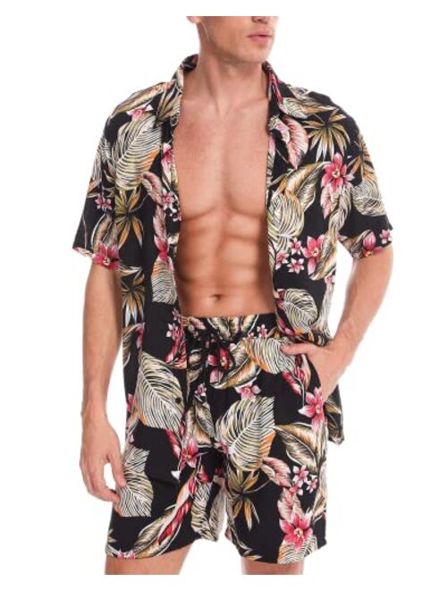 We1Fit Men's Hawaiian Shirts Flower Shirt Sets Button Down Short Sleeve Shirt Beach Suits Tropical Summer