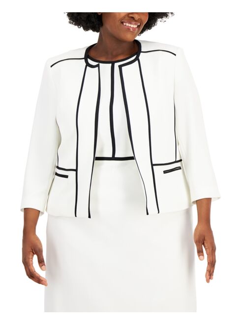 Kasper Plus Size Piped Open-Front 3/4-Sleeve Blazer