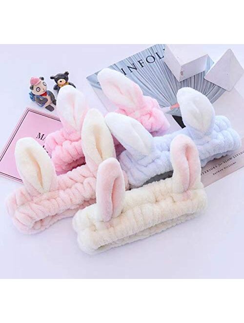 Chinshwehaw Makeup Headband Women's Cute Rabbit Ears Headbands Makeup Fashion Plush Hairband Fashion Cute Fluffy Elastic Makeup Headband Hairband for Shower, Face Washing