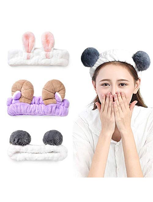 HUIANER Cute Animal Ears Headbands with Fluffy Ball Soft Coral Fleece Elastic Hair Band For Women Washing Face Makeup Cosmetic, Pack of 3