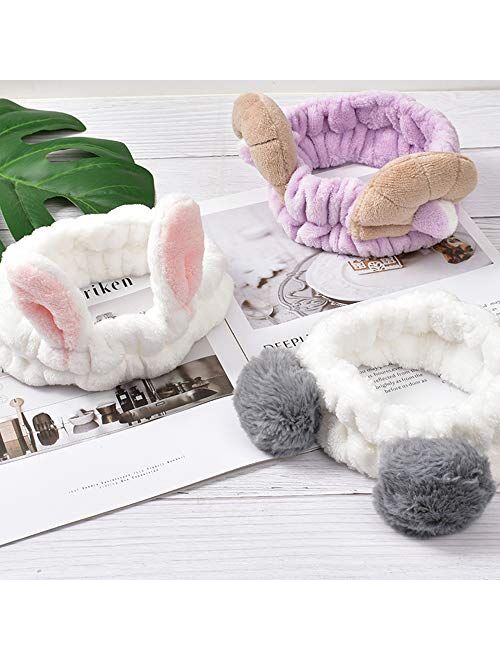 HUIANER Cute Animal Ears Headbands with Fluffy Ball Soft Coral Fleece Elastic Hair Band For Women Washing Face Makeup Cosmetic, Pack of 3