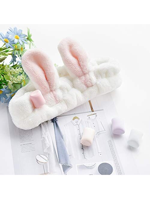 HUIANER Cute Animal Ears Headbands with Fluffy Ball Soft Coral Fleece Elastic Hair Band For Women Washing Face Makeup Cosmetic, Pack of 3