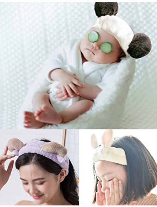 HUIANER Cute Animal Ears Headbands with Fluffy Ball Soft Coral Fleece Elastic Hair Band For Women Washing Face Makeup Cosmetic, Pack of 3