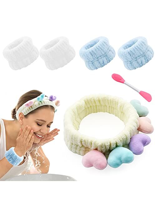 POPMISOLER 6 Pcs Headband for Washing Face, Include 1 Cute Spa Headband 4 Wrist Washbandand 1 Double-Ended Face Mask Brush Soft Headband Set Skincare Makeup Headband Prev