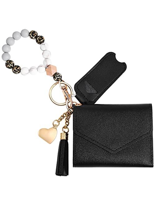 Weewooday Wristlet Bracelet Keychain with Wallet Silicone Beaded Keychain Leather Keychain Lipstick Holder Chapstick Sleeves