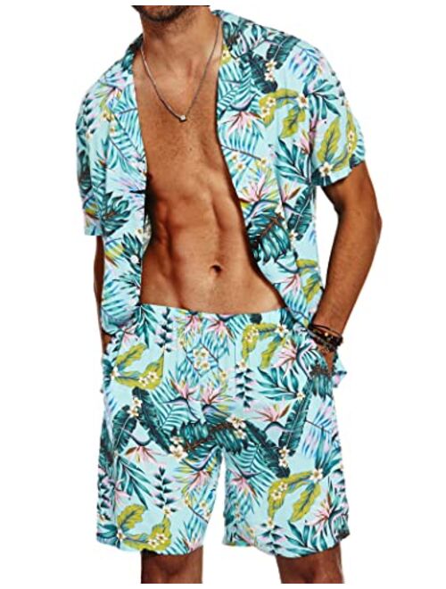 Ekouaer Men's Hawaiian Shirts Casual Button Down Short Sleeve Printed Shorts Summer Beach Tropical Flower Shirt Suits