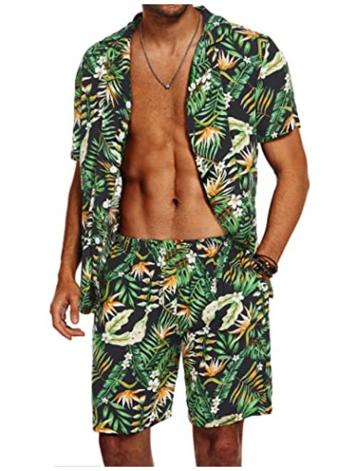 Ekouaer Men's Hawaiian Shirts Casual Button Down Short Sleeve Printed Shorts Summer Beach Tropical Flower Shirt Suits