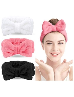 LADES Spa Headband - 3 Pack Bow Hair Band Women Facial Makeup Head Band Soft Coral Fleece Head Wraps For Shower Washing Face