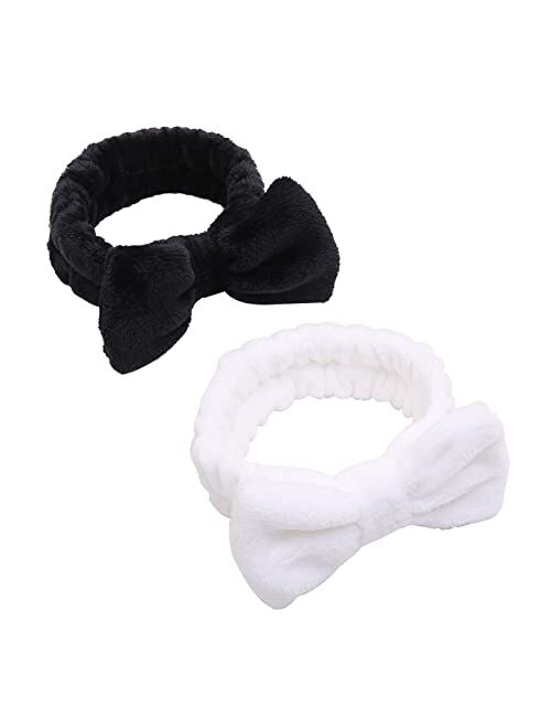 AiMHariacc Spa Headband for Women Girls Makeup 2 Pack BOW Elastic Head Band for Shower Washing Face Soft Microfiber Coral Fleece Hair Band