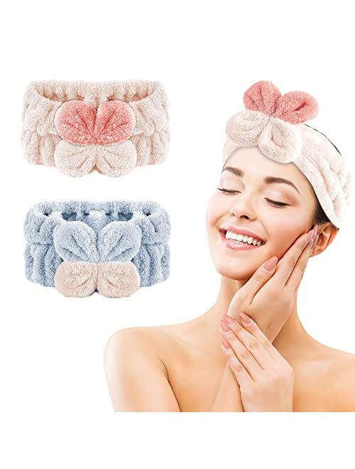 ZEALINNO Makeup Hair Band2 Pack Spa Headband Four Leaf Clover Hair Band Women Facial Makeup Head Band Soft Coral Fleece Head Wraps for Shower Washing Face