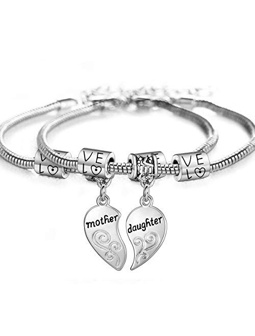 Yeeqin 2PCs Matching Heart Mother Daughter Bracelets Mother Daughter Jewelry Set Gift for Mom or Daughter