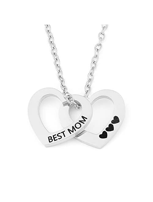 POSHFEEL "BEST MOM" Necklace for Women Stainless Steel Two Heart Sharp Pendants Necklaces for Mother's Day Birthday Jewelry Gift