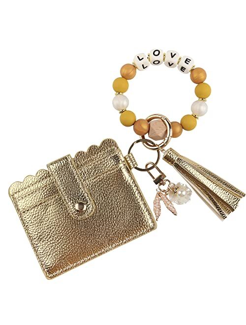 Guran Wristlet Wallet Bracelet Keychain,Card Holder Purse Tassel Keychain Bangle Key Ring for Women Girls