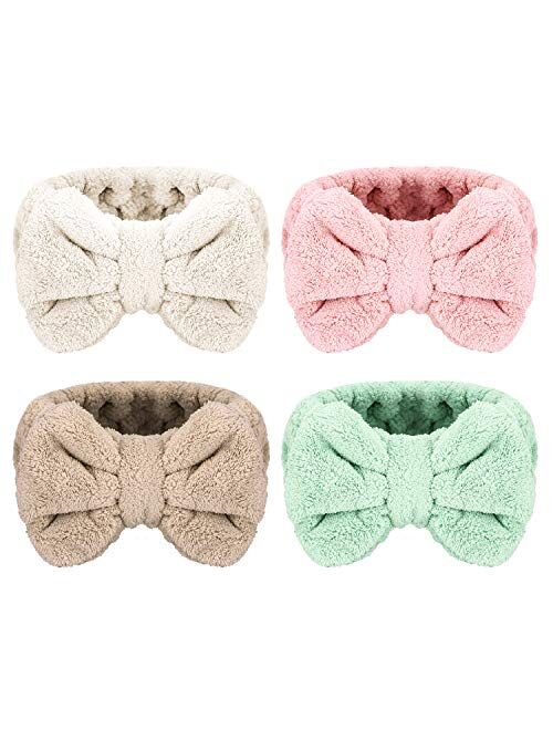 Senkary 4 Pack Bow Makeup Headband Microfiber Bowtie Headbands Towel Spa Headband Soft Bath Shower Headband for Washing Face