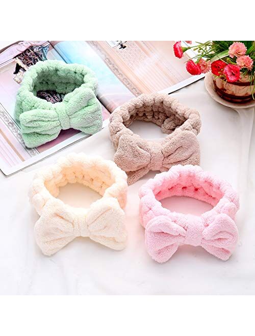 Senkary 4 Pack Bow Makeup Headband Microfiber Bowtie Headbands Towel Spa Headband Soft Bath Shower Headband for Washing Face