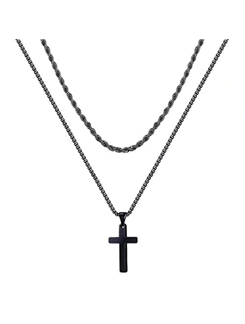 Ursteel Cross Necklace for Men, Stainless Steel Silver Black Gold Layered Rope Chain Cross Pendant Necklace Simple Jewelry Gifts Chain Necklace for Men Women Boys Girls, 