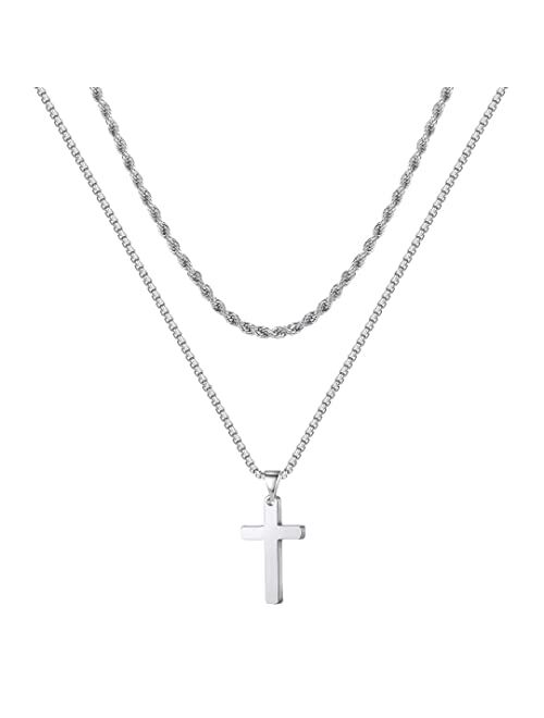 Ursteel Cross Necklace for Men, Stainless Steel Silver Black Gold Layered Rope Chain Cross Pendant Necklace Simple Jewelry Gifts Chain Necklace for Men Women Boys Girls, 