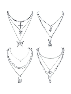 Hicarer 4 Sets Butterfly Lock Chains Pendants Necklace Hearts Layered Choker Punk Alloy Jewelry Chunky Chains Necklace for Eboy Egirl Women Men