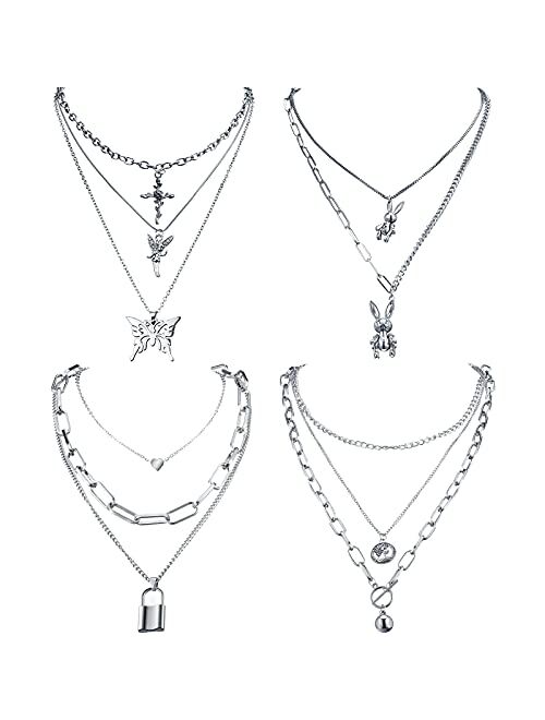 Hicarer 4 Sets Butterfly Lock Chains Pendants Necklace Hearts Layered Choker Punk Alloy Jewelry Chunky Chains Necklace for Eboy Egirl Women Men