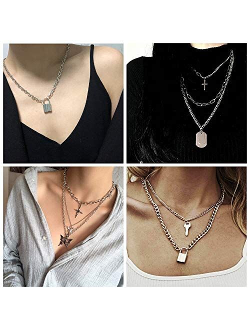 FINREZIO 4-6Pcs Layered Chain Necklaces Set for Women Men Punk Heart Cuban Chunky Chain Necklace Statement Butterfly Lock Key Pendant Necklace