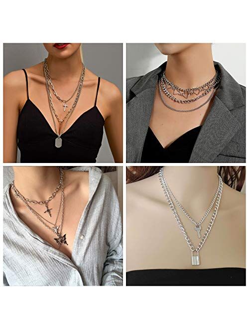 FINREZIO 4-6Pcs Layered Chain Necklaces Set for Women Men Punk Heart Cuban Chunky Chain Necklace Statement Butterfly Lock Key Pendant Necklace