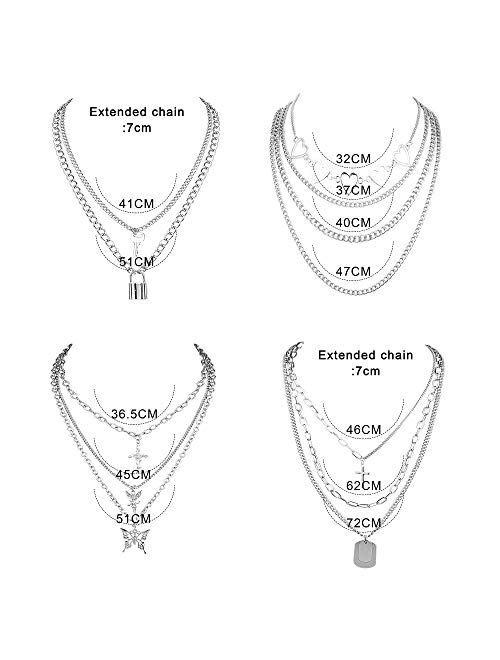 FINREZIO 4-6Pcs Layered Chain Necklaces Set for Women Men Punk Heart Cuban Chunky Chain Necklace Statement Butterfly Lock Key Pendant Necklace