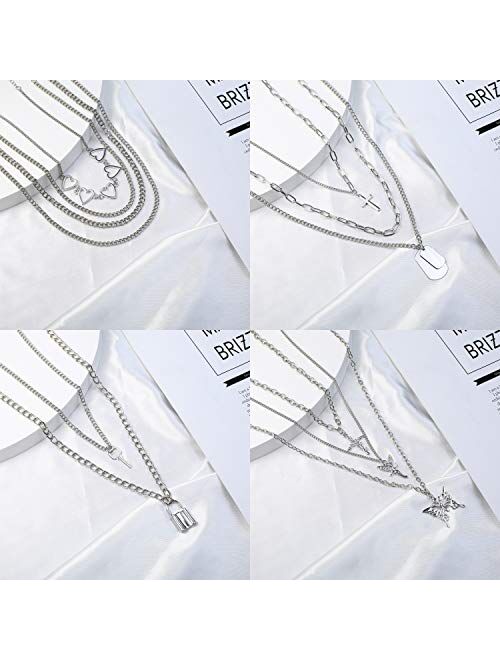 FINREZIO 4-6Pcs Layered Chain Necklaces Set for Women Men Punk Heart Cuban Chunky Chain Necklace Statement Butterfly Lock Key Pendant Necklace