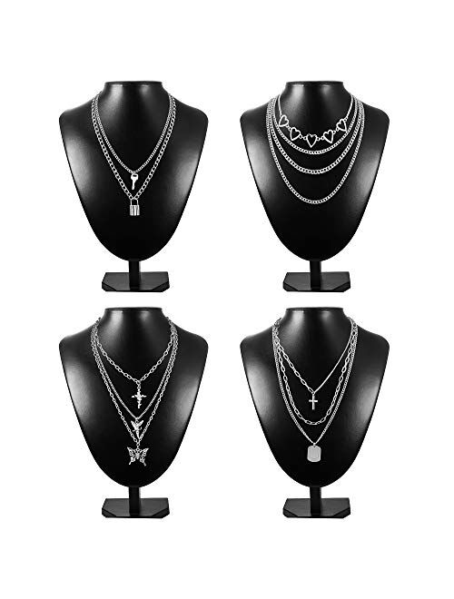 FINREZIO 4-6Pcs Layered Chain Necklaces Set for Women Men Punk Heart Cuban Chunky Chain Necklace Statement Butterfly Lock Key Pendant Necklace